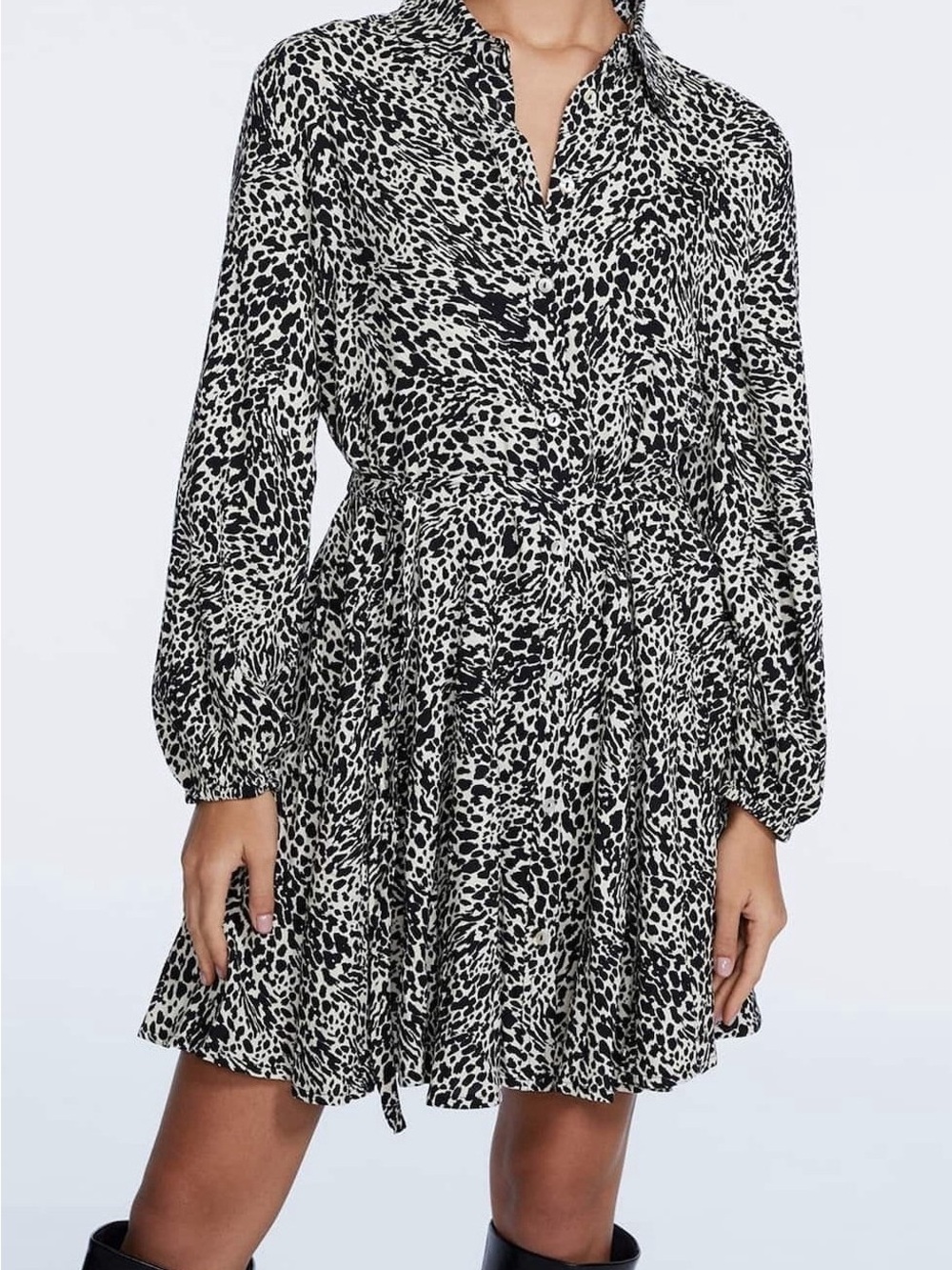 Black & White Animal Print Long-Sleeve Mini Dress